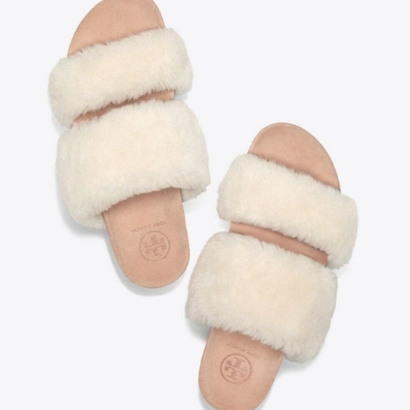 Tory Burch Fur slippers Beige sz 8 Sheldon Shearling Two Band Slide - Picture 3 of 13